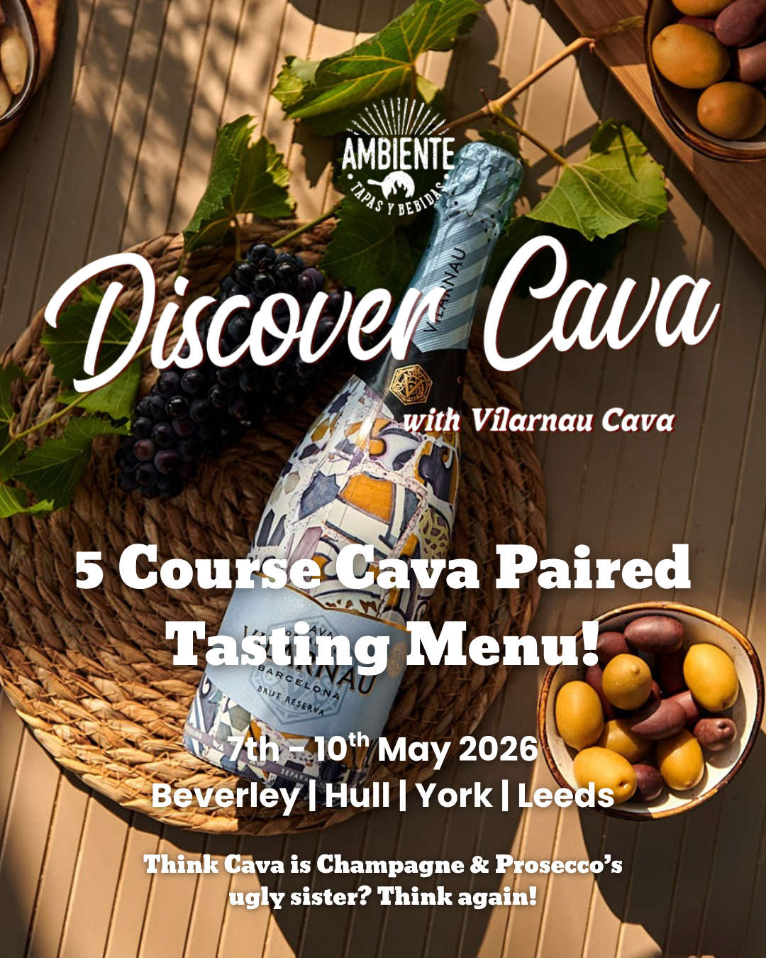 Overhead bottle of Vilarnau Cava with Tasting Event Details overlay in York, Leeds, Hull and Beverley