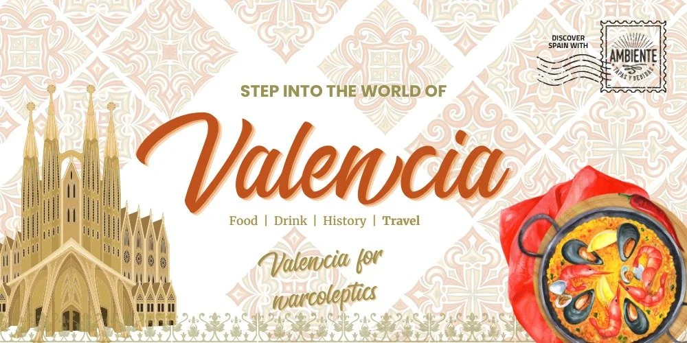 Cathedral illustration alongside a vibrant seafood paella