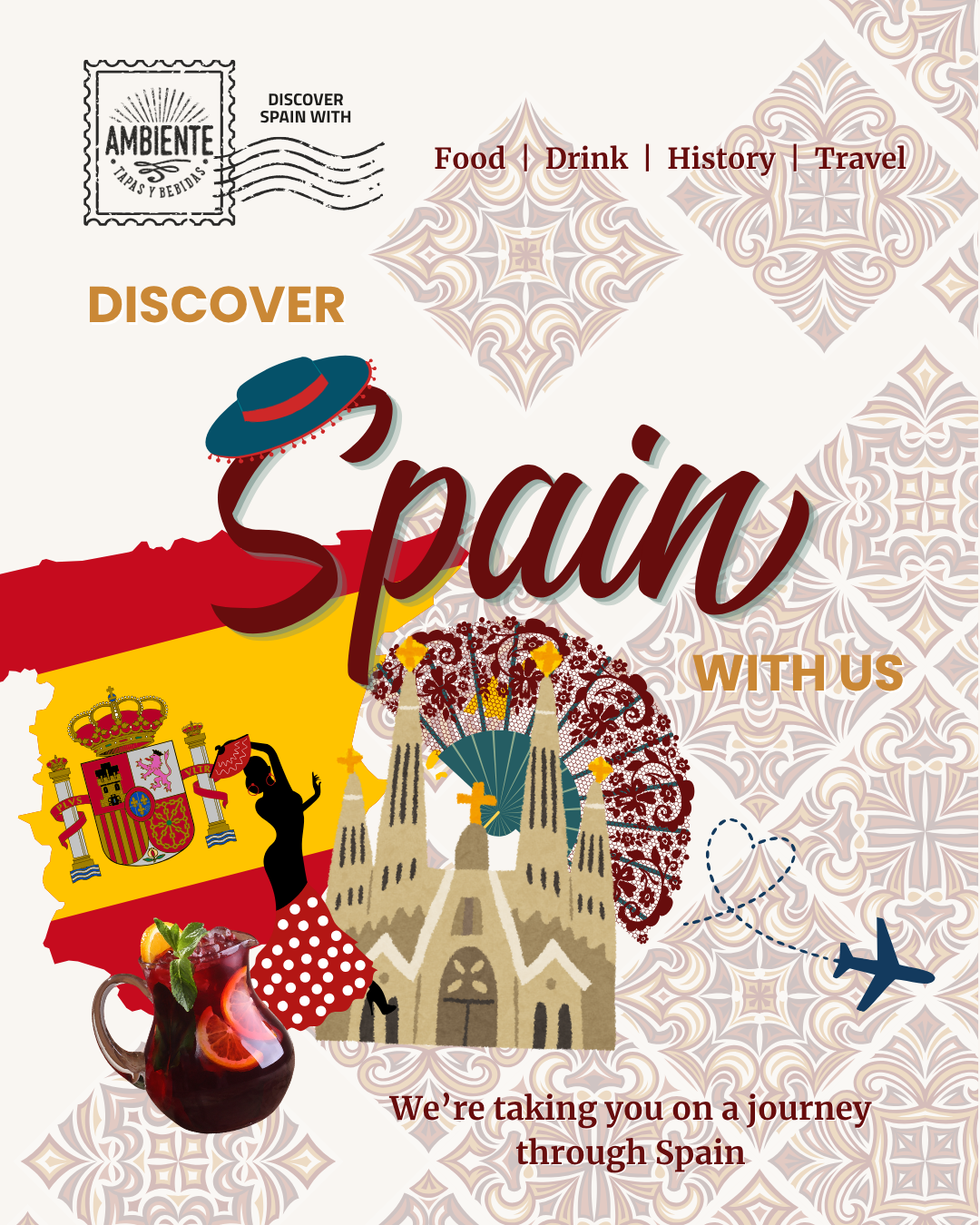 Image of Spain with historic landmark & items