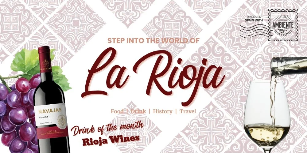 Purple grapes and a bottle of red Rioja and a glass of white being poured.