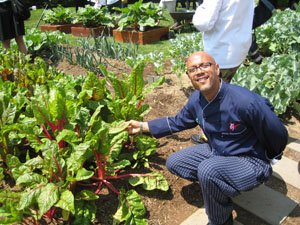 Chef Keith Jones in the White House Garden squatting next to swiss chard.jpg