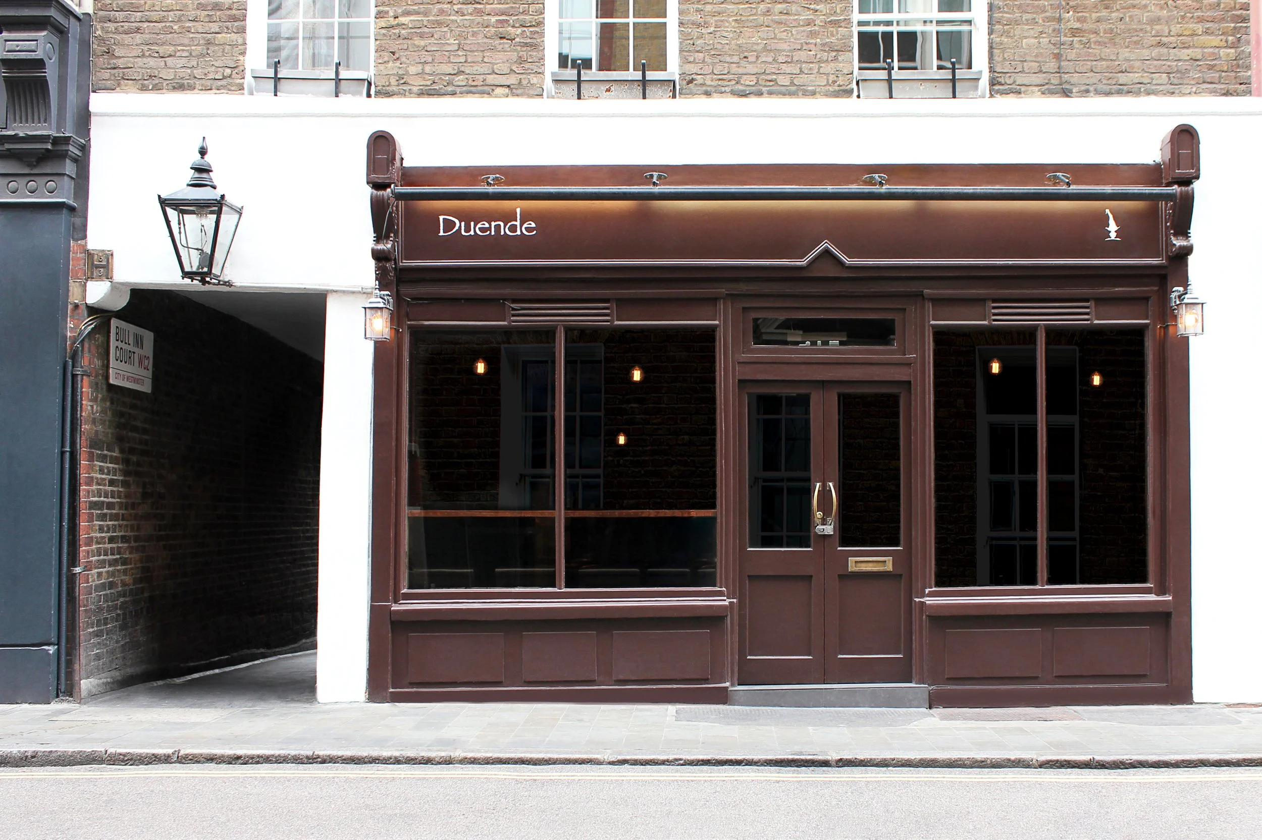 Exterior view of Duende, a Spanish tapas restaurant in Covent Garden, showcasing its inviting and sophisticated design