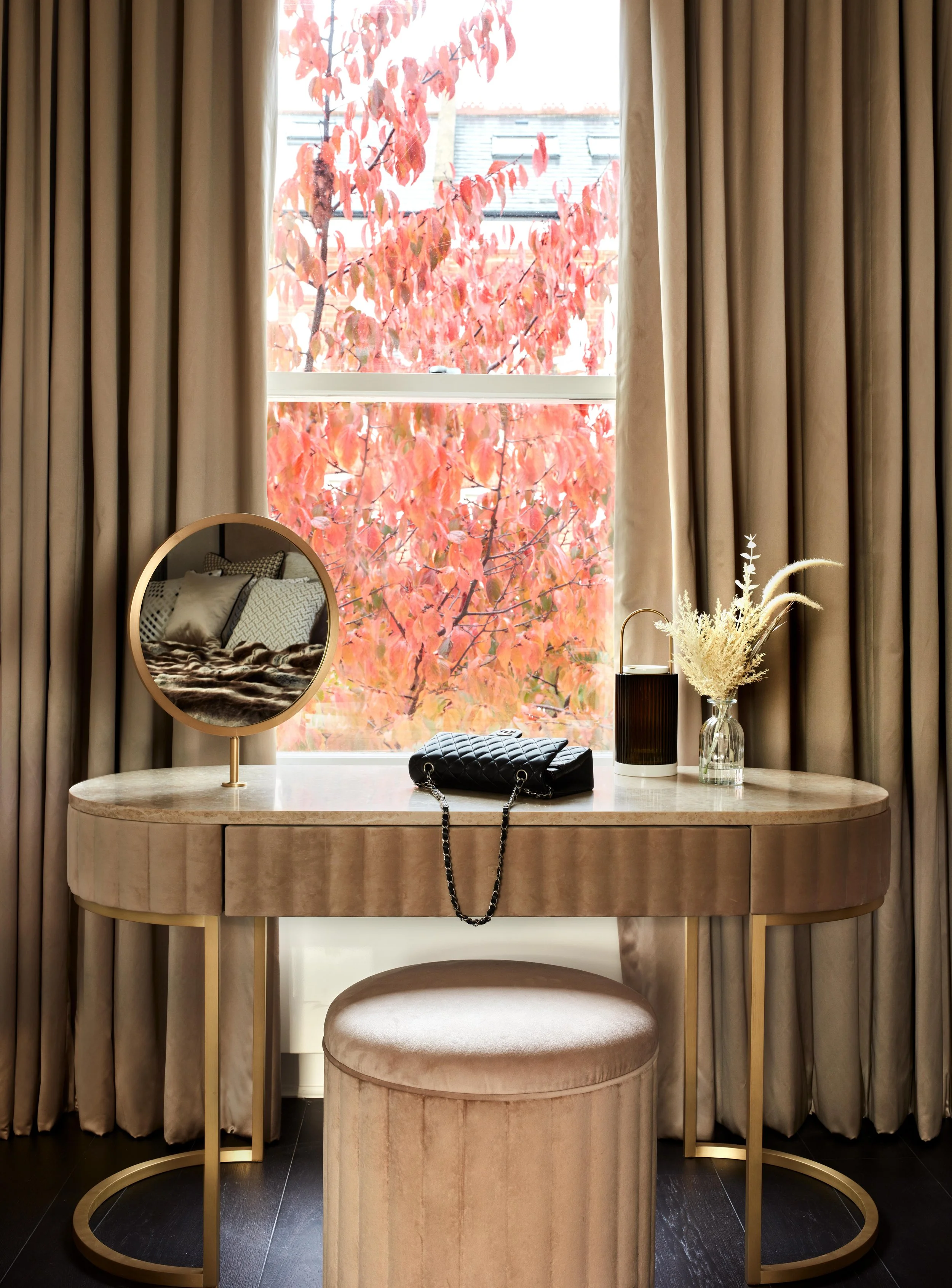 Bespoke Chanel inspired dressing table with sand tones suede drawers, brass metal and calacatta marble top
