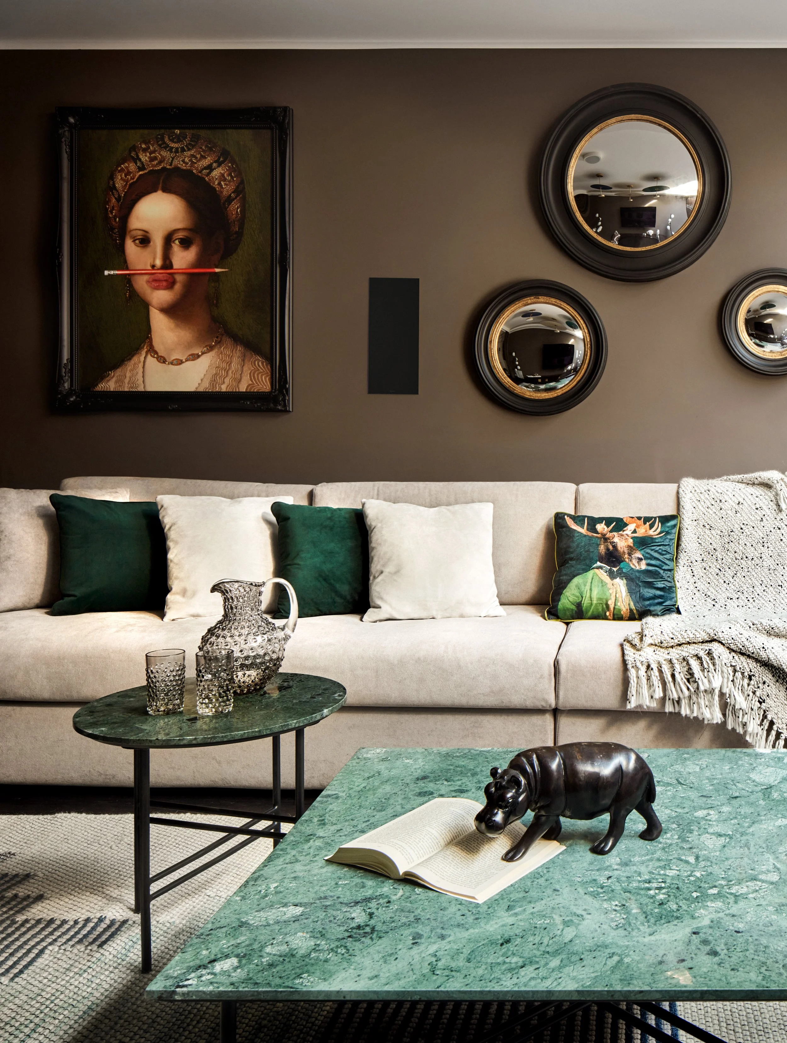 Art by Mineheart I Right side of the cinema room, designed for comfort and visual appeal with bold, chic elements