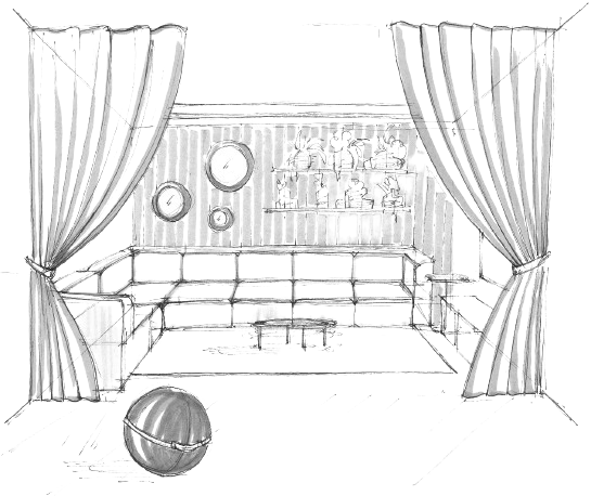 Cinema room sketch with L shaped sofa and playful design