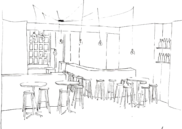 Sketch of the Duende restaurant concept, highlighting the vision of a charming and vibrant Spanish-inspired space.