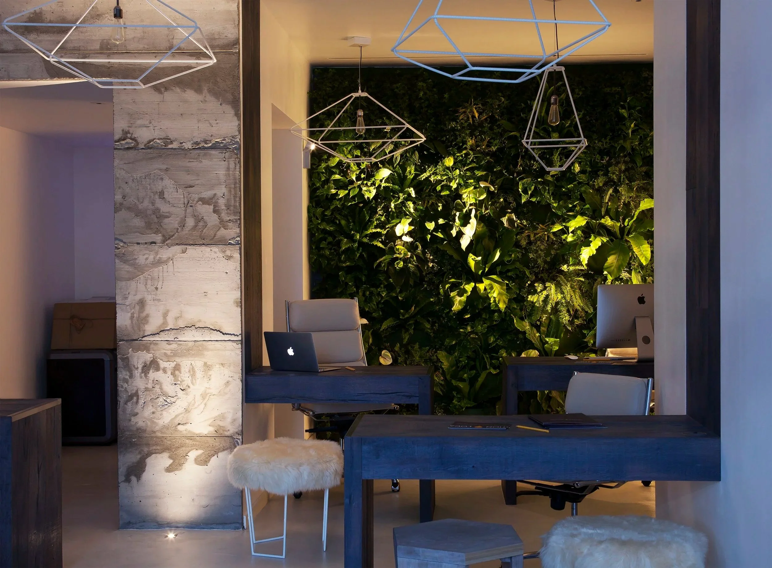 Stoke Newington estate agency interior featuring bold industrial chic design with a living wall centrepiece