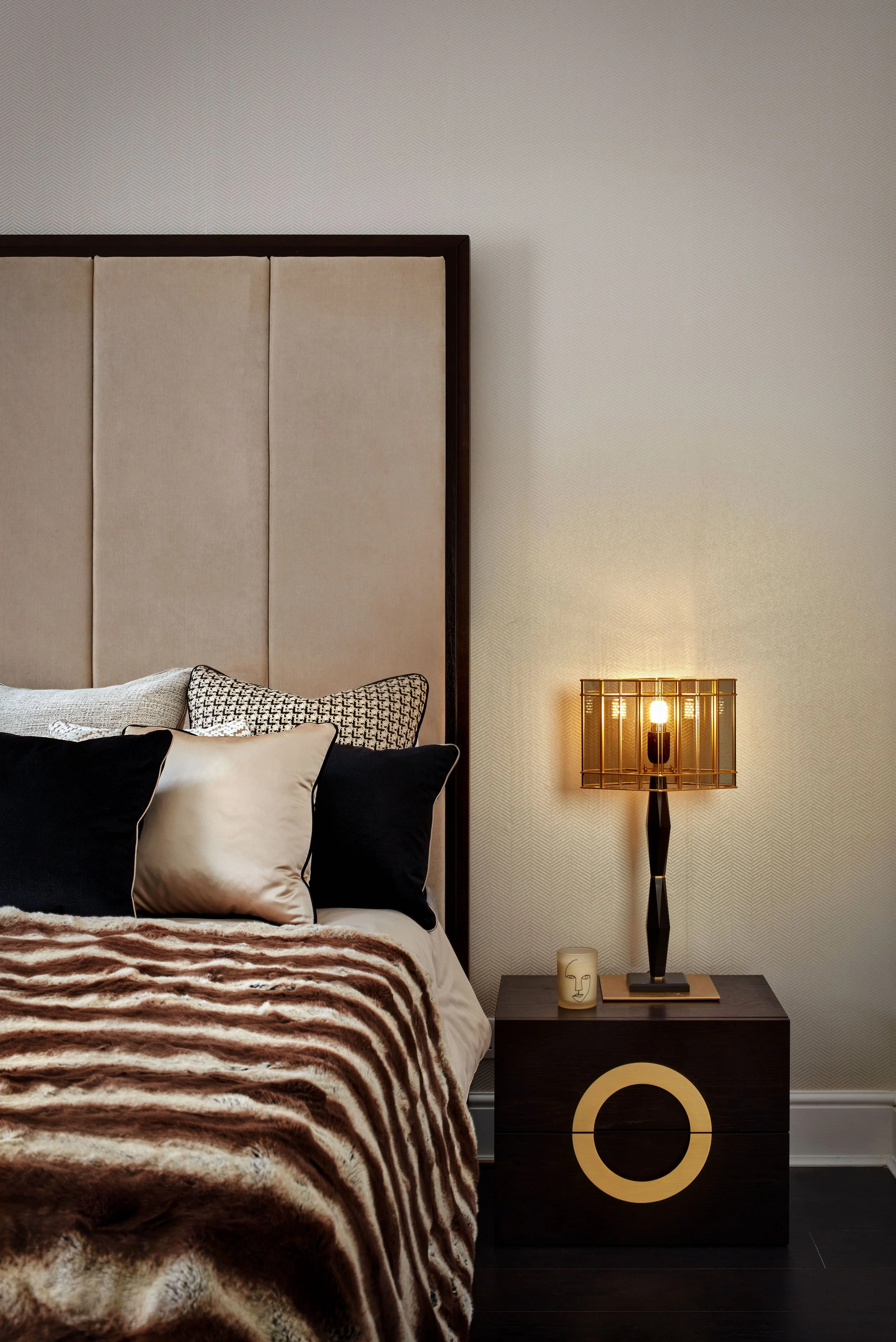 Master bedroom close-up, highlighting luxurious textures and a serene colour scheme