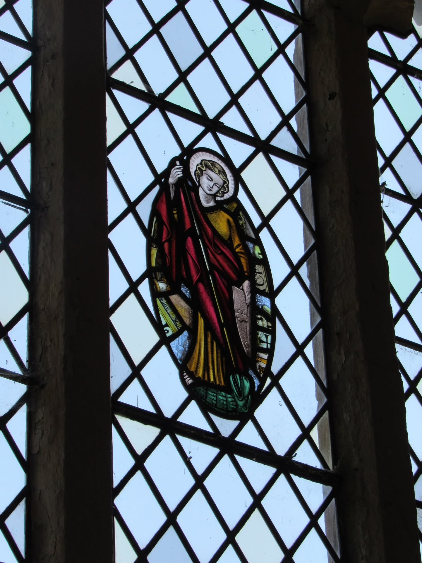In the south chapel of Garway Church is this small stained glass panel depicting St Michael, to whom the church is dedicated. It is placed within a 14th-century window, which was reset in the 16th century when the chapel was rebuilt.

St Michael was 