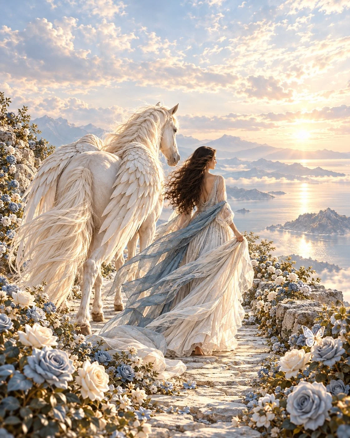Artwork of a woman in a flowing blue and ivory dress beside a white winged horse on a flower-lined path overlooking mountains and sunlit water