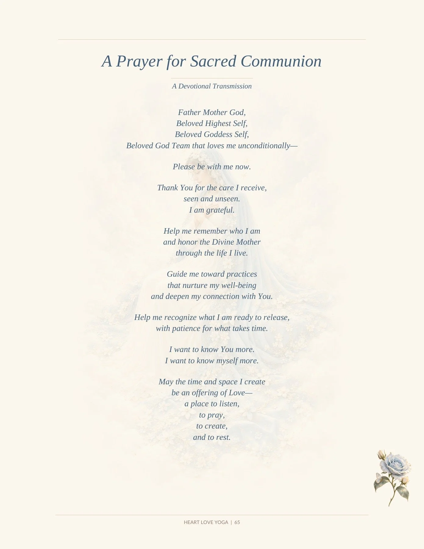 A Prayer for Sacred Communion devotional transmission page with blue-rose artwork