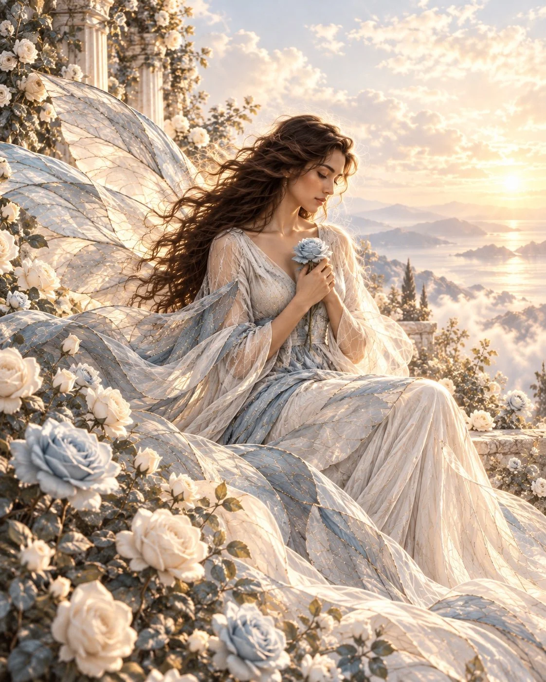 Artwork of a seated woman with translucent wings holding a pale blue rose, surrounded by flowers above a sunlit mountain landscape