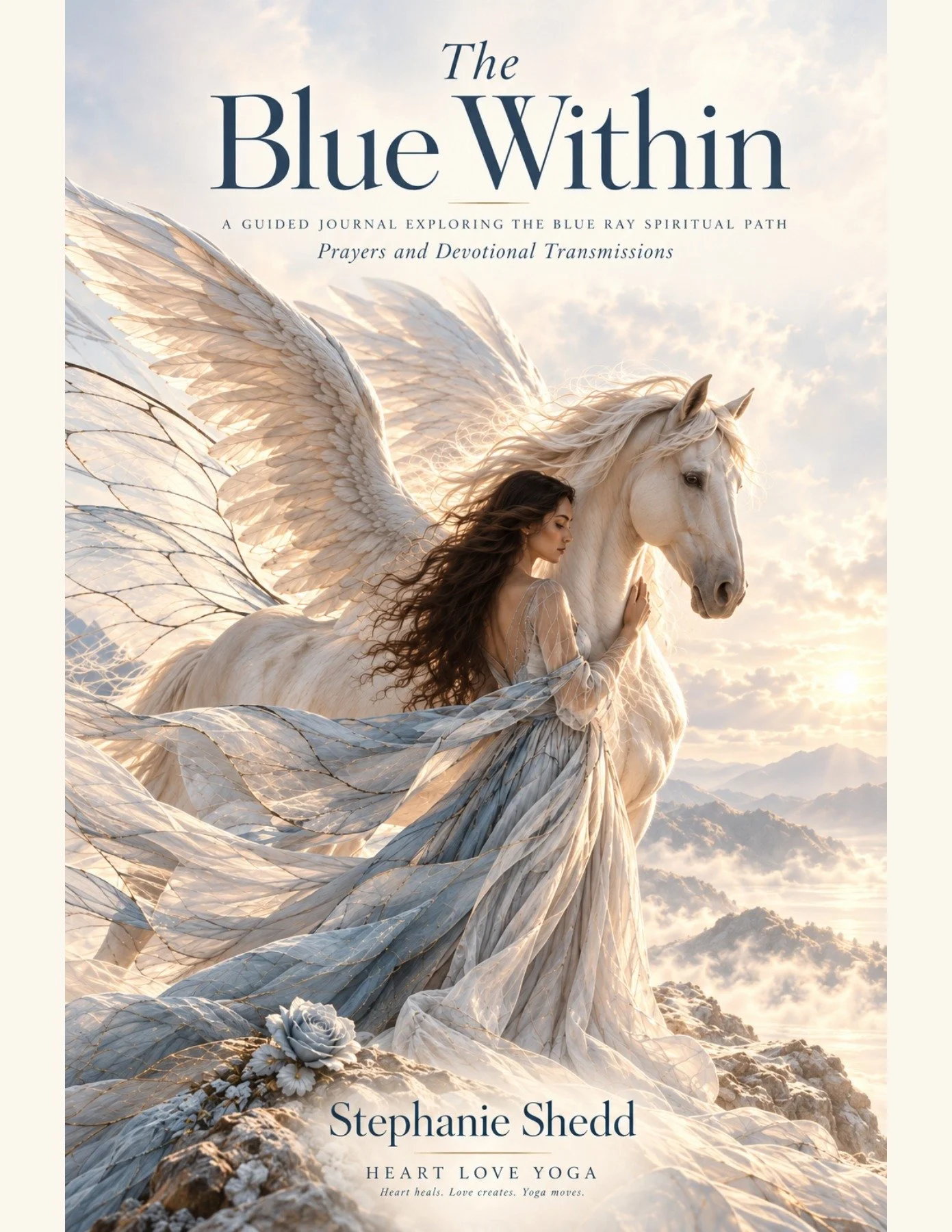 The Blue Within journal cover with a woman in a flowing blue dress beside a white winged horse