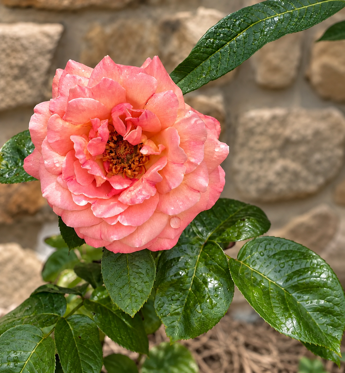 Coral pink rose and foliage covered in dew