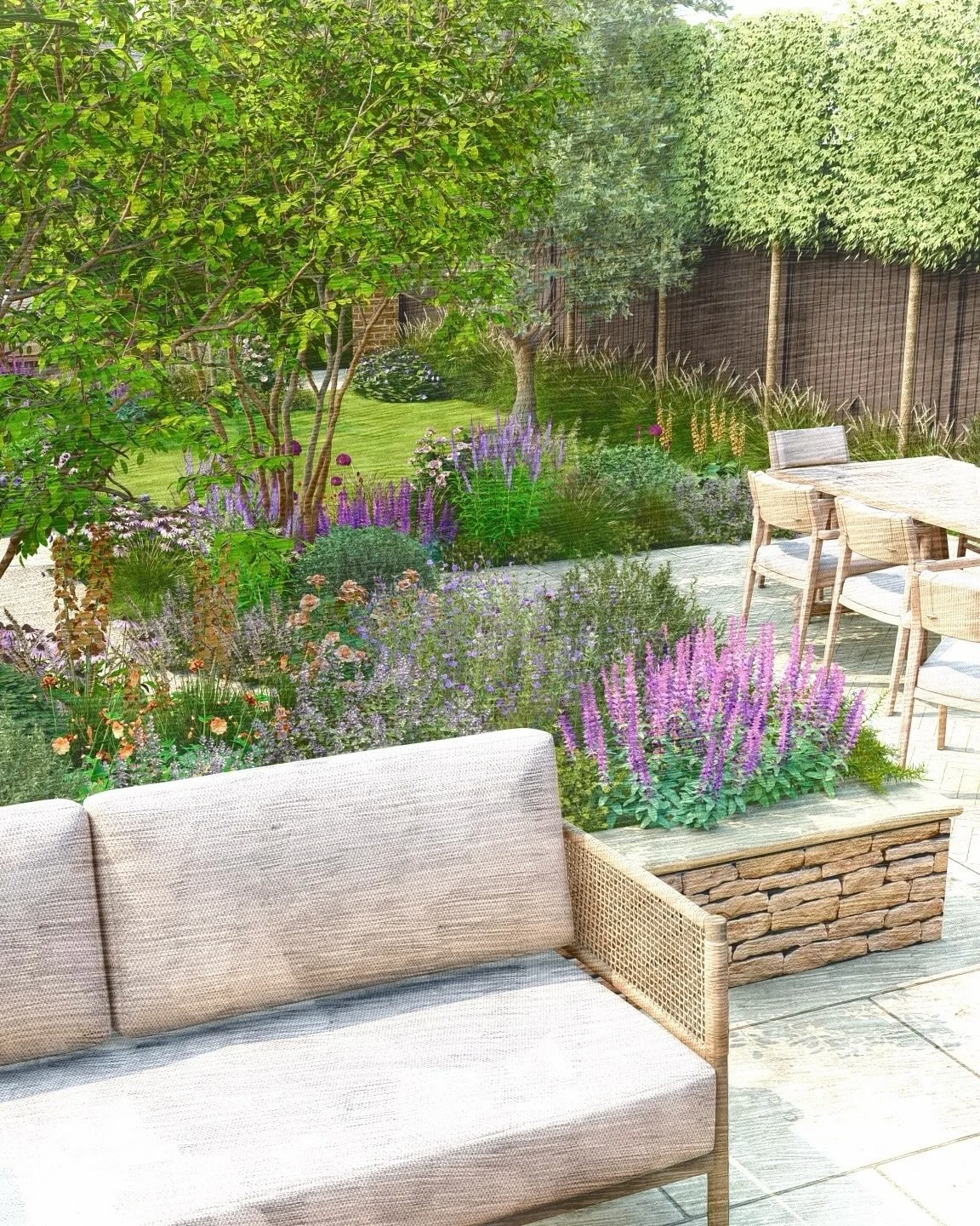Some visuals from our Barnes project, which is well underway on-site. 

Inspired by the clients love of the Cotswolds, this family garden has three distinct spaces. The mid garden is all about dining, entertaining and abundant planting, with a focus 
