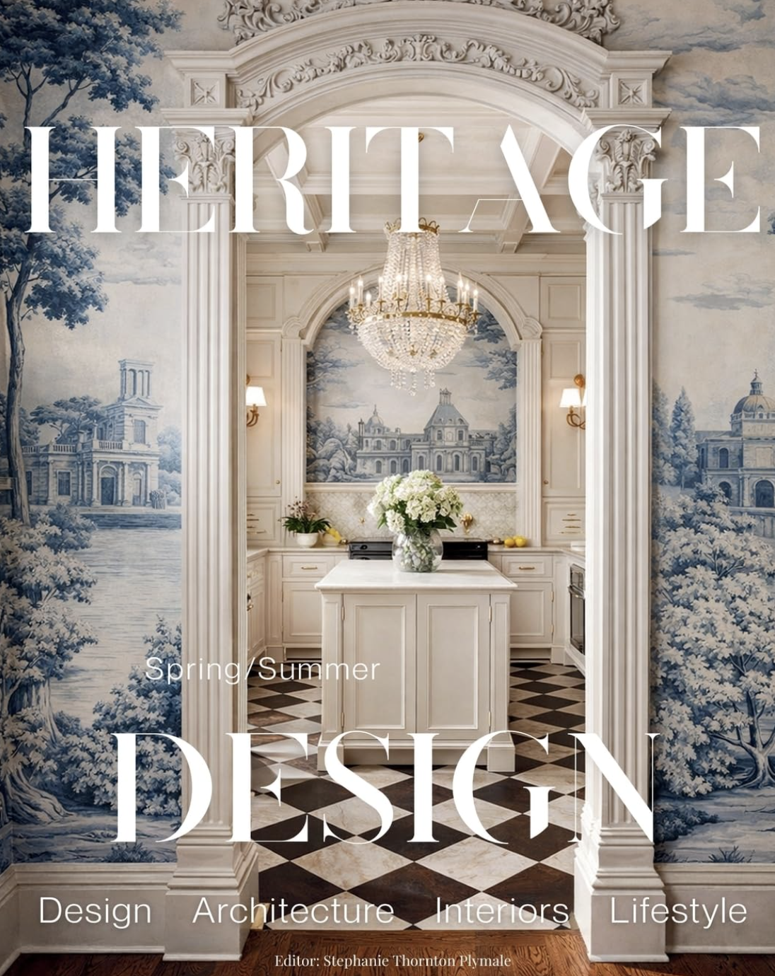 Elegant kitchen with white cabinetry, a chandelier, a large floral arrangement, wallpaper with a scenic blue and white landscape, and black-and-white checkered flooring.