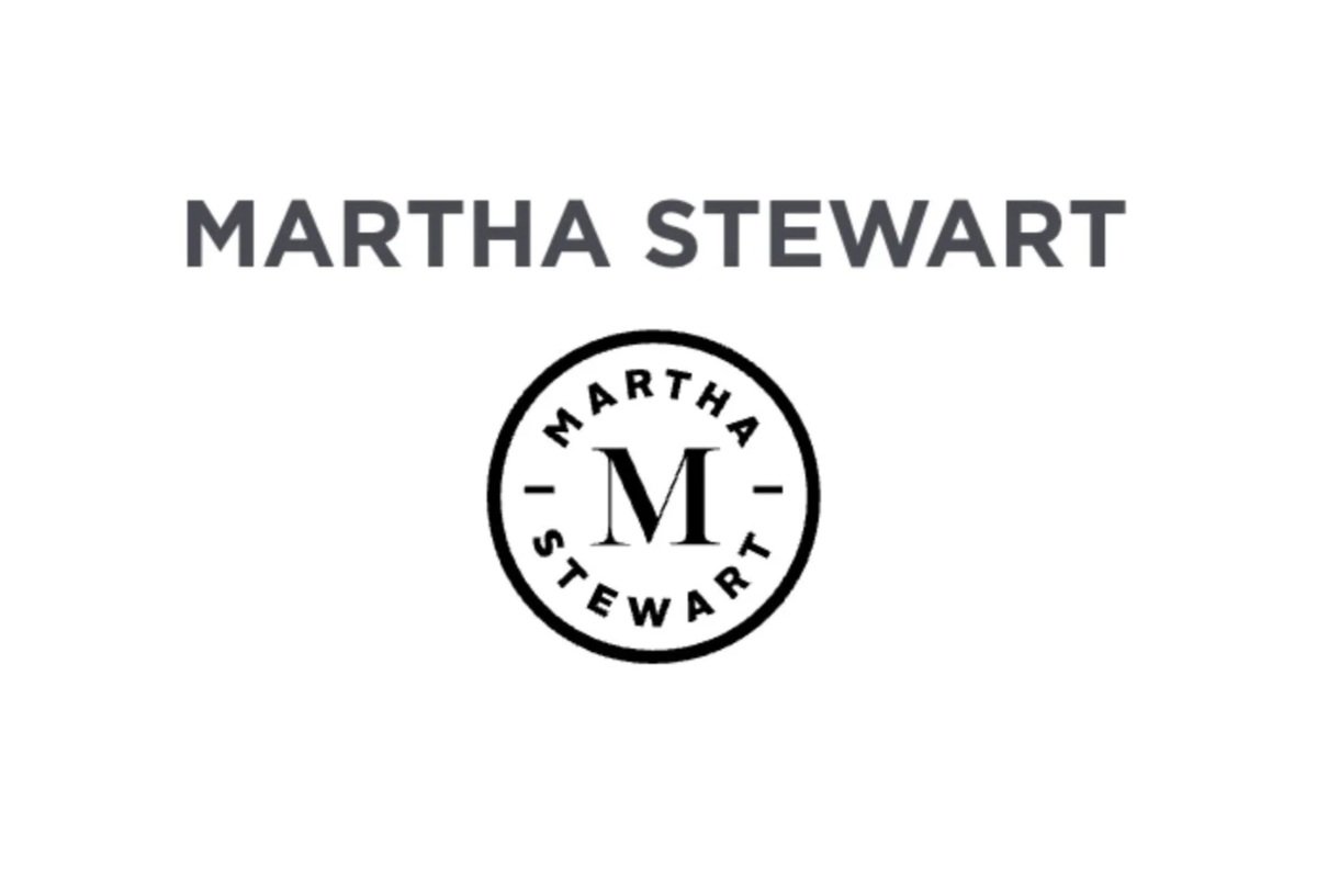 Martha Stewart logo with her name above and a circular emblem below featuring her initial 'M' and her full name around the circle.