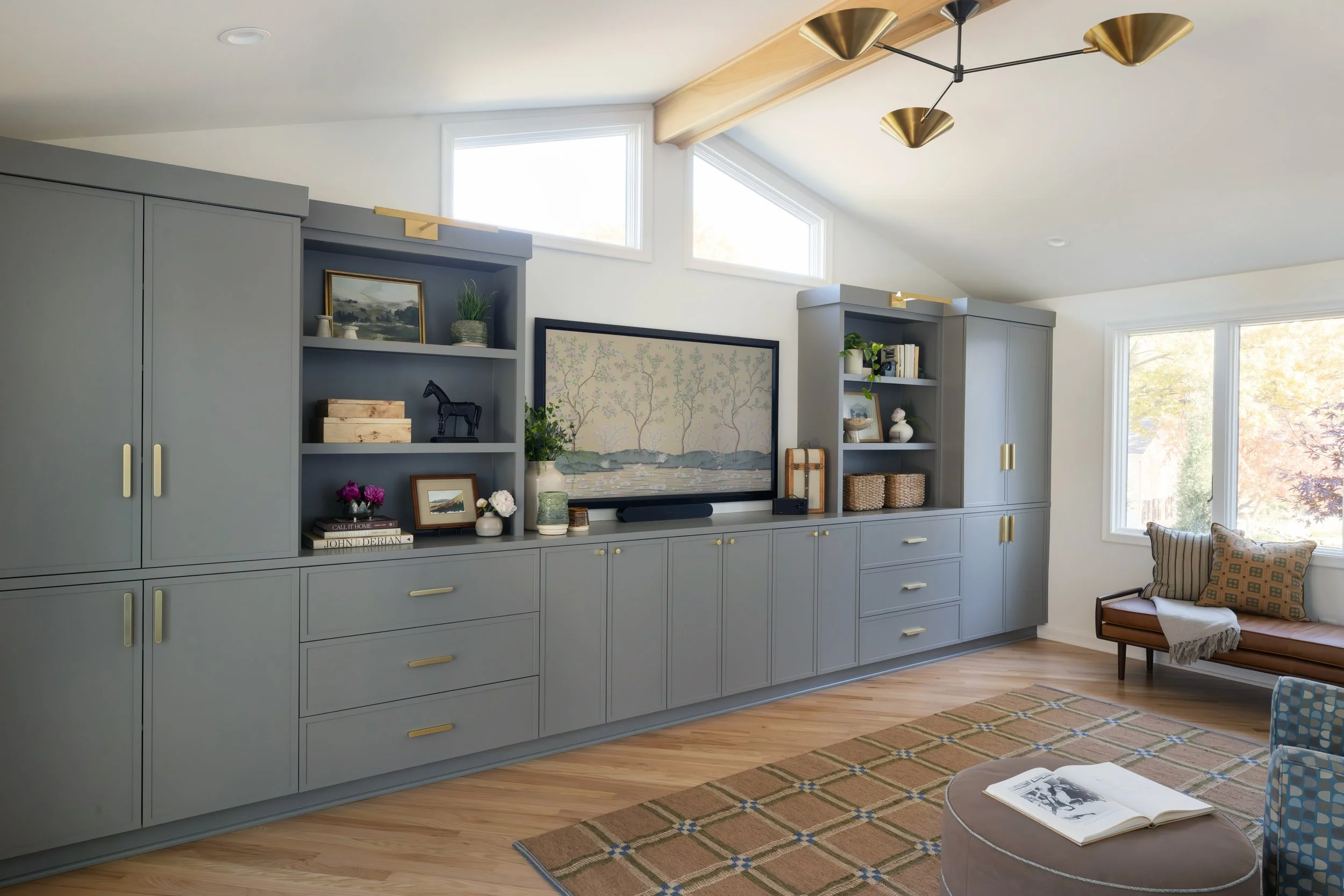 Contemporary reading room with custom built ins.