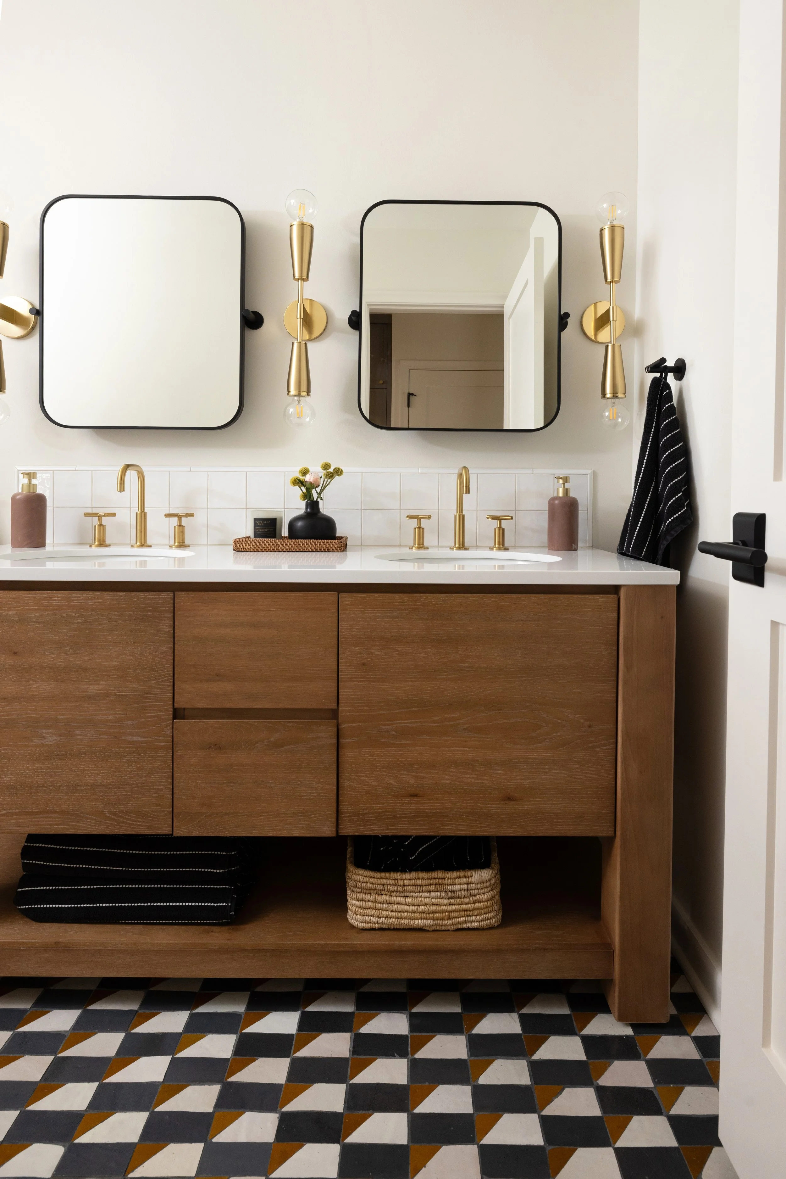 secondary bathroom with fun tile floor