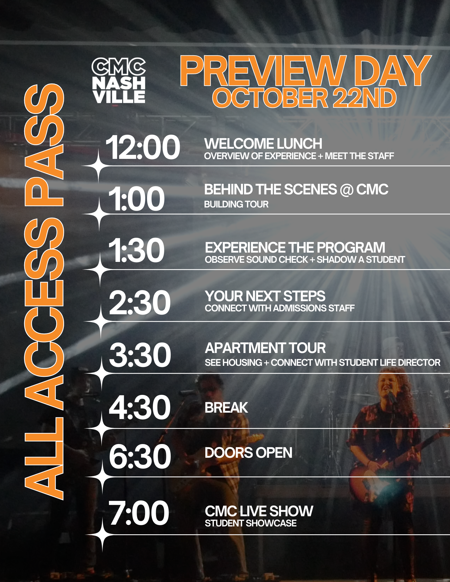Event schedule poster for CMC Nashville at NashVile, titled 'Preview Day October 22nd.' The schedule includes activities from 12:00 PM to 7:00 PM, such as a welcome lunch, behind the scenes tour, experience the program, connect with admissions, apartment tour, break, doors open, and a student showcase, with specific times listed for each activity.