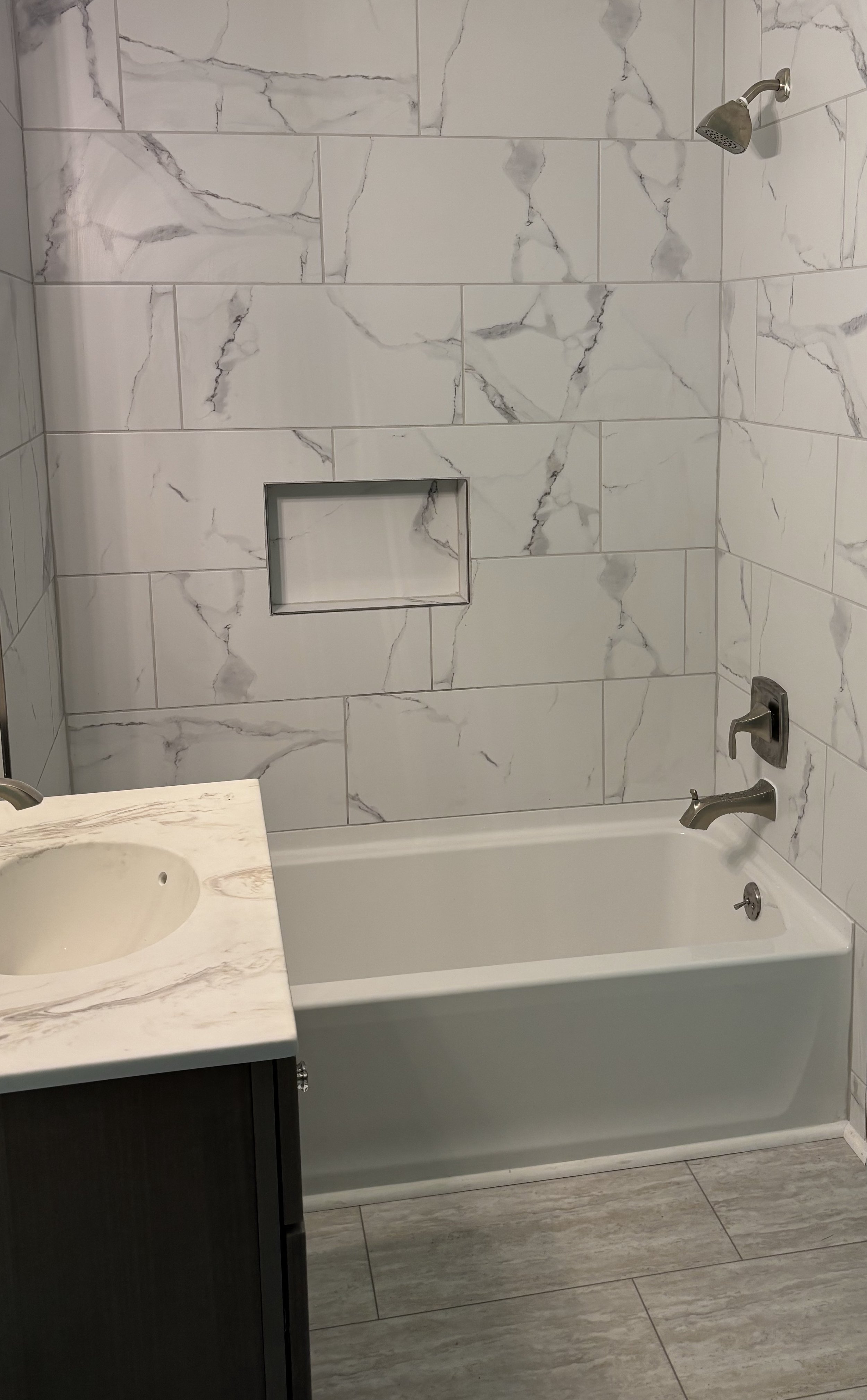 Bathroom remodel: floor, tub/shower, vanity, tile