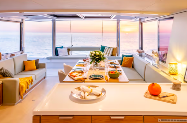 Interior of a yacht with a dining setup overlooking the ocean at sunset. The table is decorated with plates, glasses, and flowers. The setting features cushioned seating and stylish decor with a pumpkin on the counter.