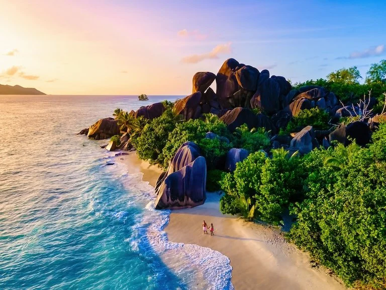 sunset on paradise beach in seychelles