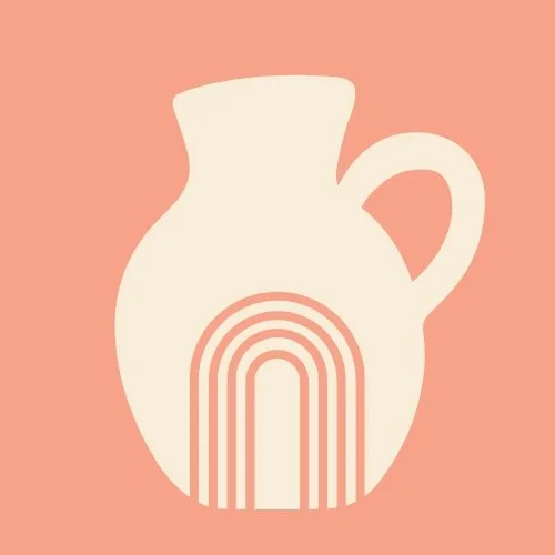 Minimalist illustration of a white pitcher with a rainbow pattern on a pink background.