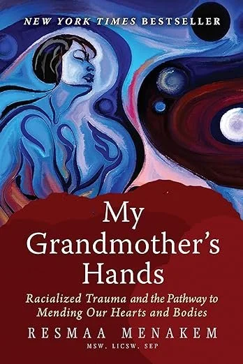 Book cover for 'My Grandmother's Hands' featuring an abstract illustration of a woman with her eyes closed, in shades of blue and purple, with swirling patterns and a dark background. Book recommendation from a Salt Lake City therapist