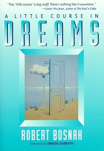 Book cover for 'A Little Course in Dreams' by Robert Bosnak, featuring a door opening to a surreal landscape with a cloud and a flag in the sky. Book recommendation from a Salt Lake City therapist