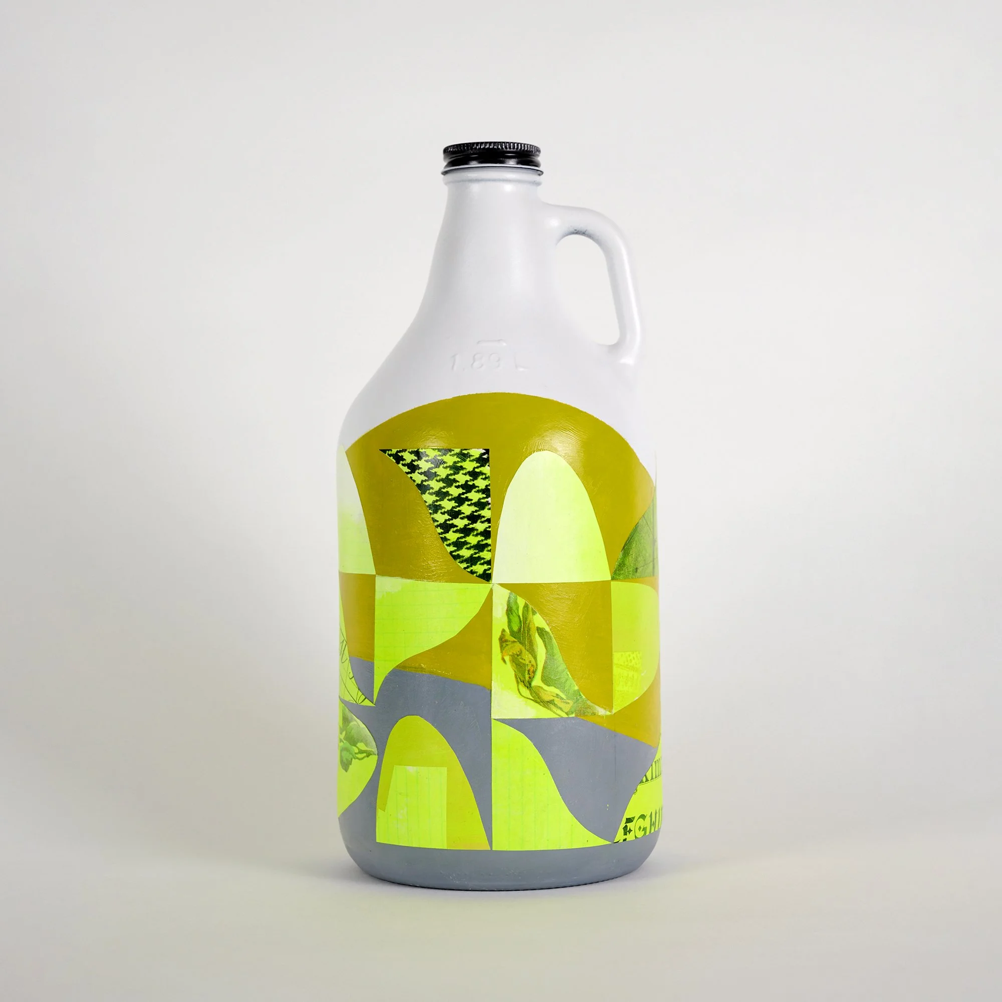 Family Portrait #1: Growler, Collage on found bottle, 11" high. Price: $500