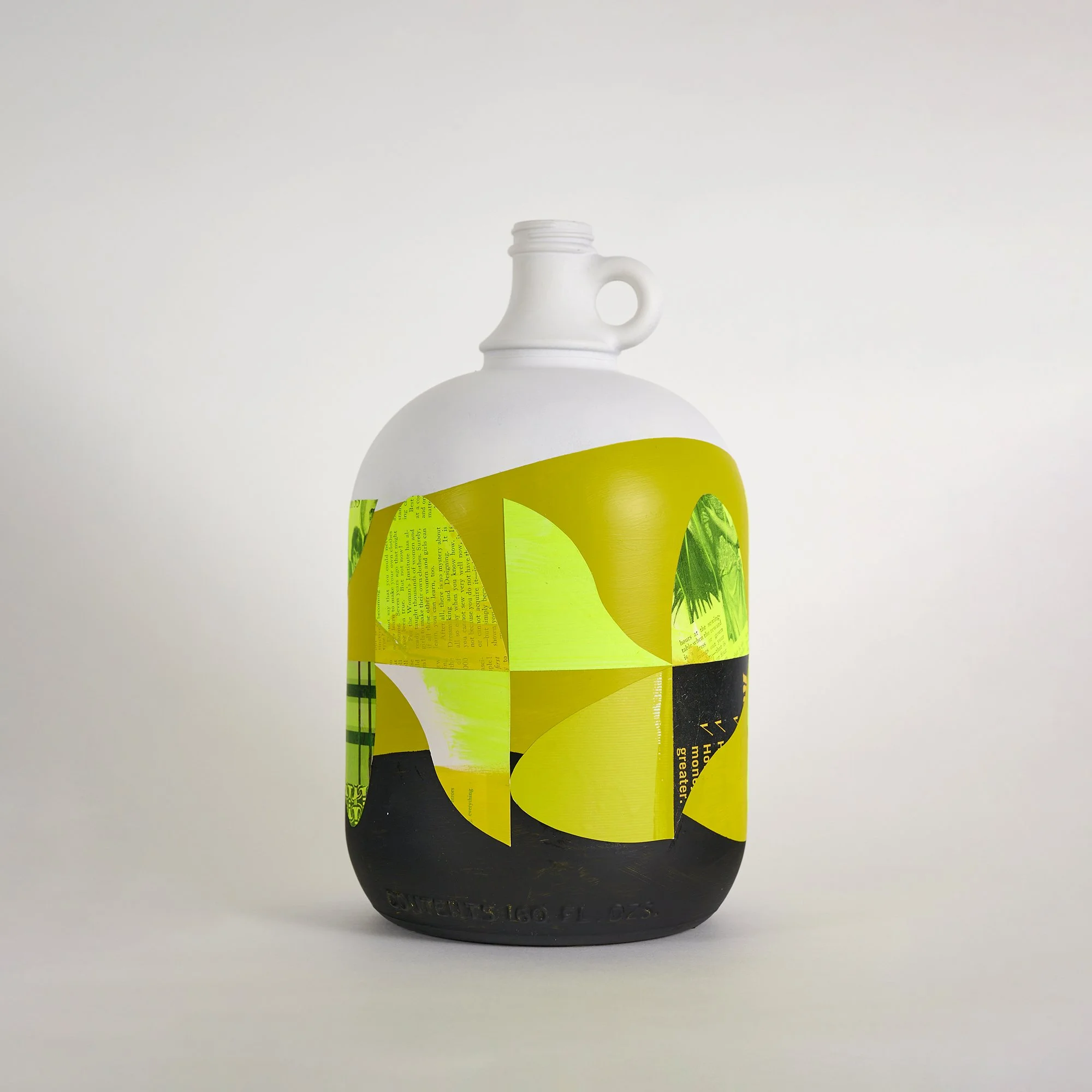 Family Portrait #4: Jug, Collage on found bottle, 12" high. Price: $500