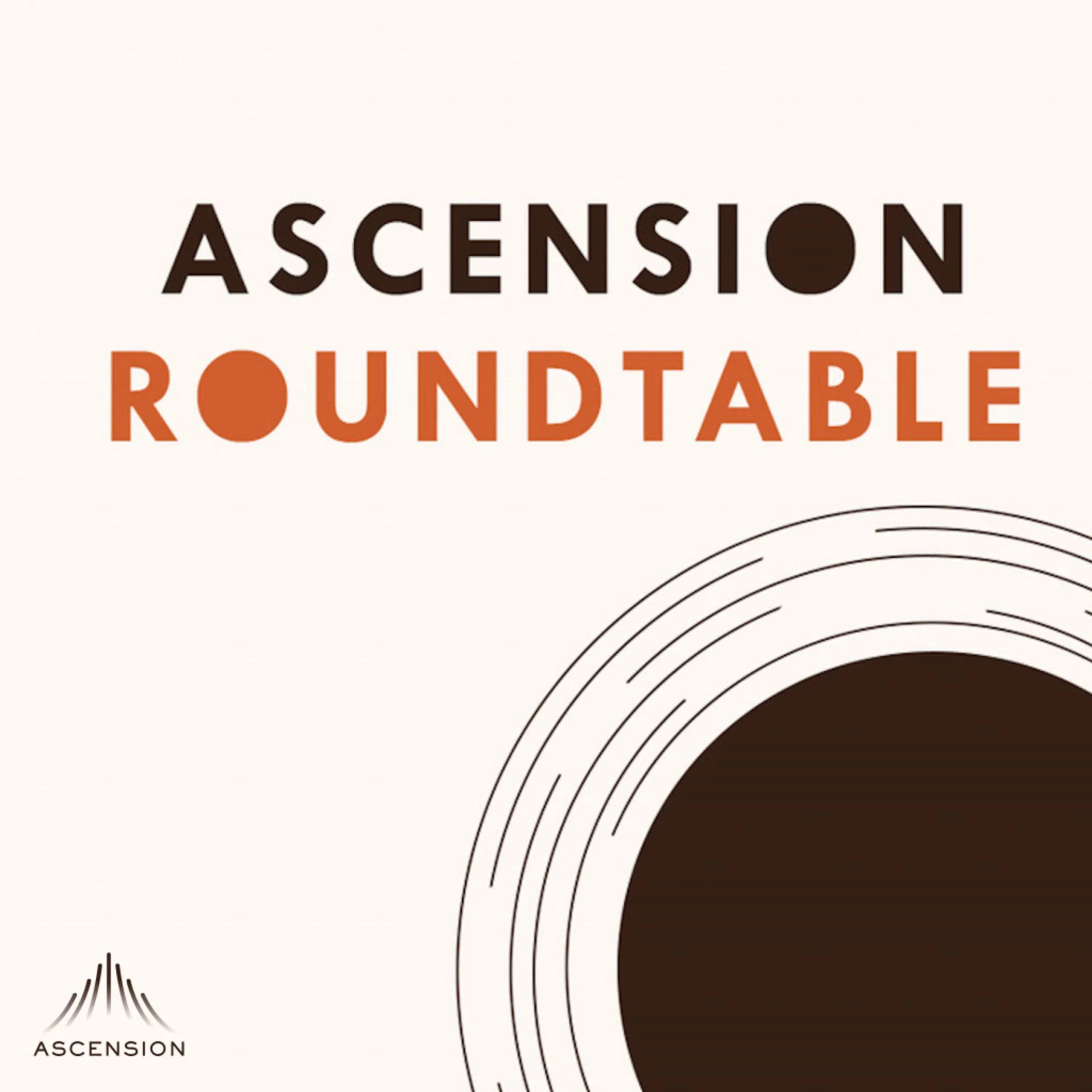 Cover of the Ascension Roundtable with the title 'Ascension Roundtable' in bold black and orange lettering, and a stylized circular design in black and white.