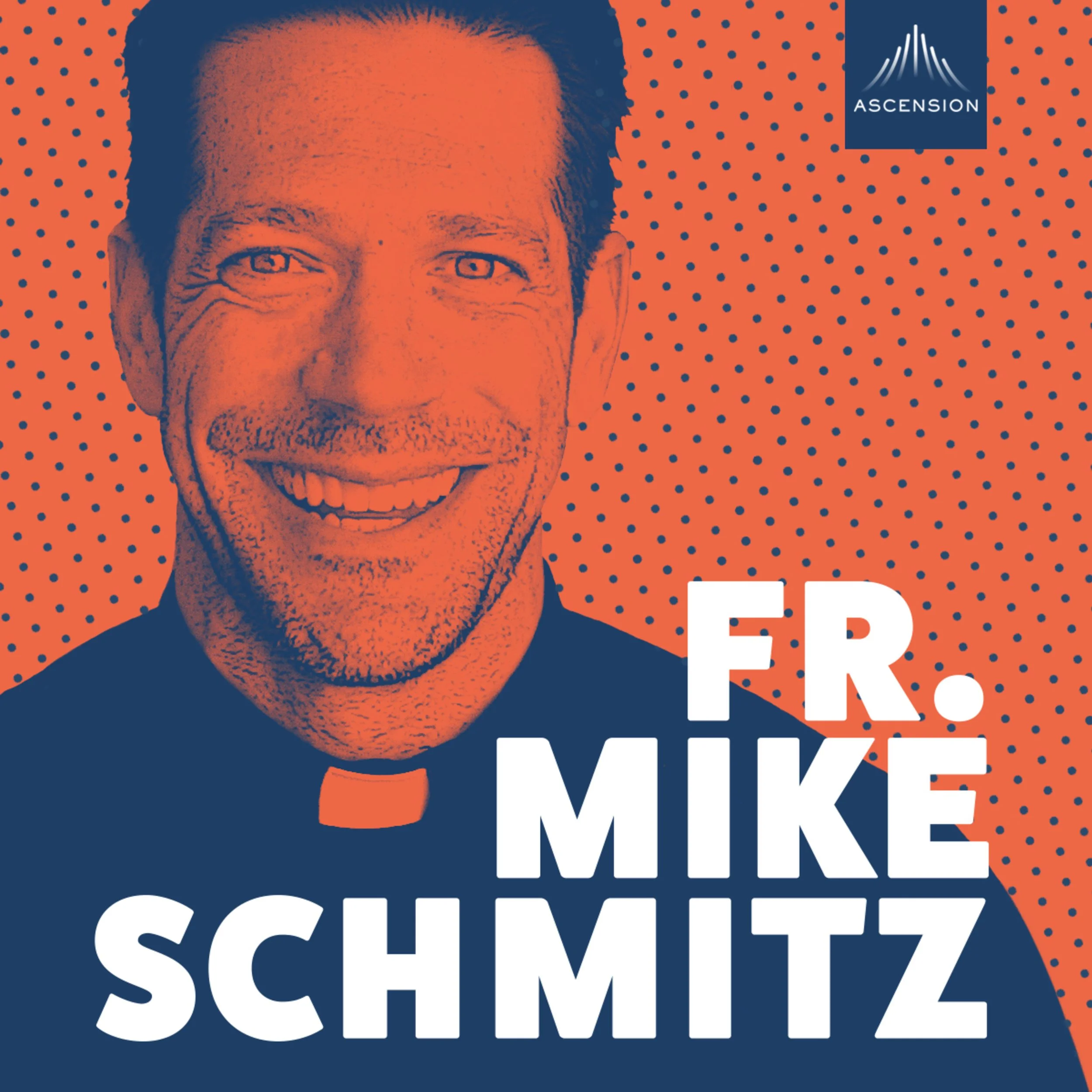 Graphic design featuring a smiling man dressed as a priest with text 'Fr. Mike Schmitz' and a background with orange and navy blue dots.