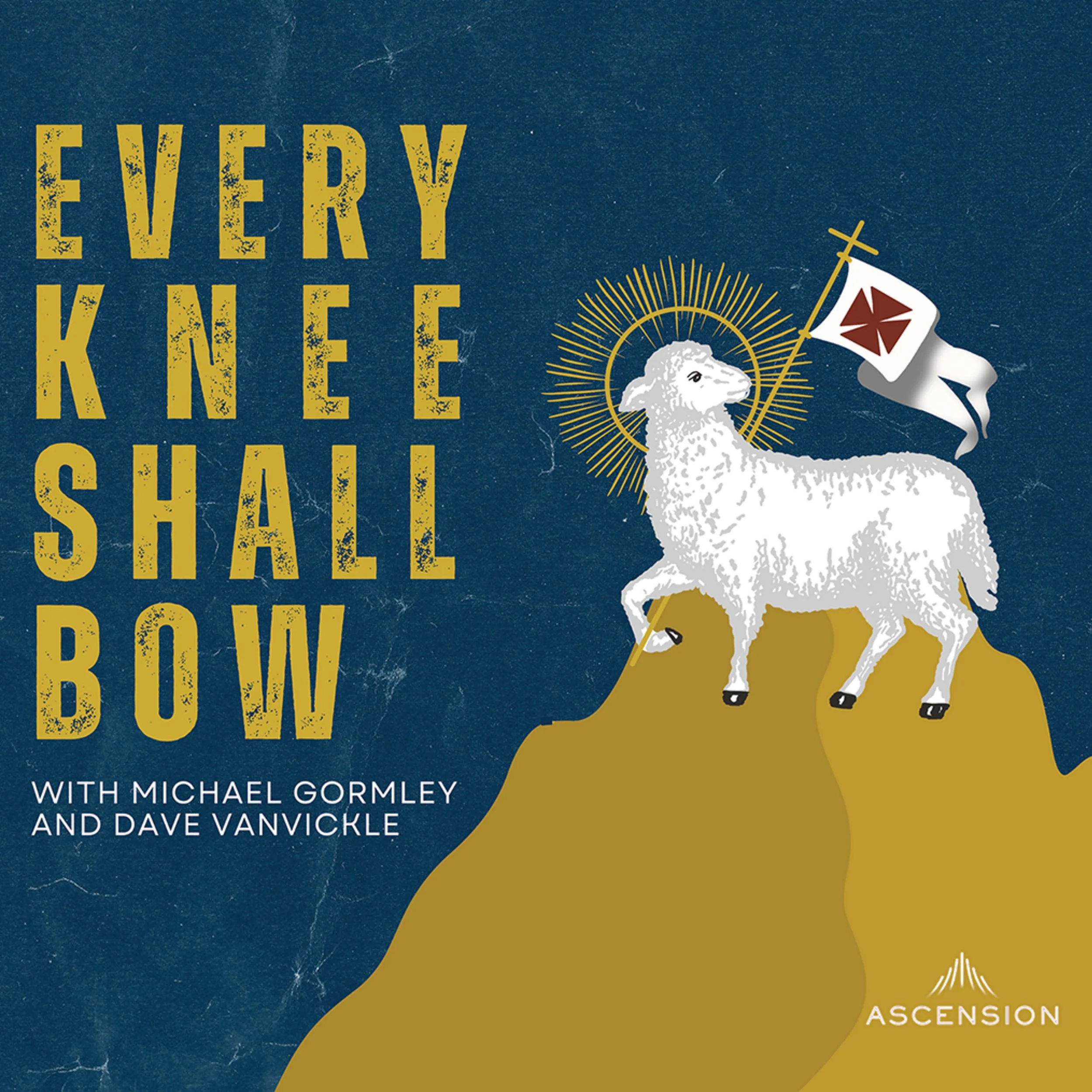 Book cover titled "Every Knee Shall Bow" by Michael Gormley and Dave VanVickle, featuring a white sheep standing on a brown mountain, holding a flag with a red cross, with a background of dark blue and gold accents.