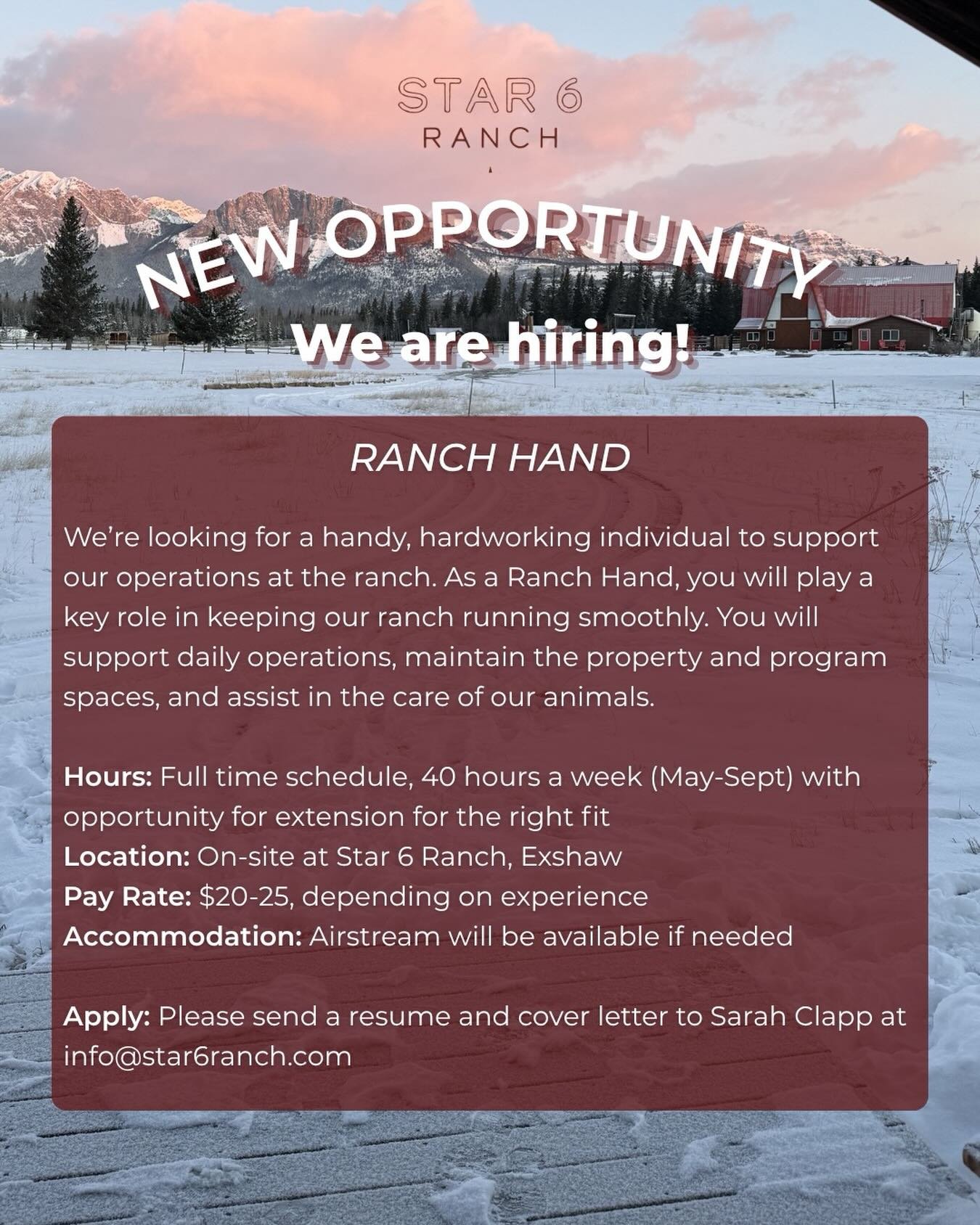 📣 We&rsquo;re looking for a Ranch Hand to join us at Star 6 Ranch this season &mdash; someone who isn&rsquo;t afraid to get their hands dirty, take initiative, and be part of the rhythm of ranch life.

This role supports everything from daily operat