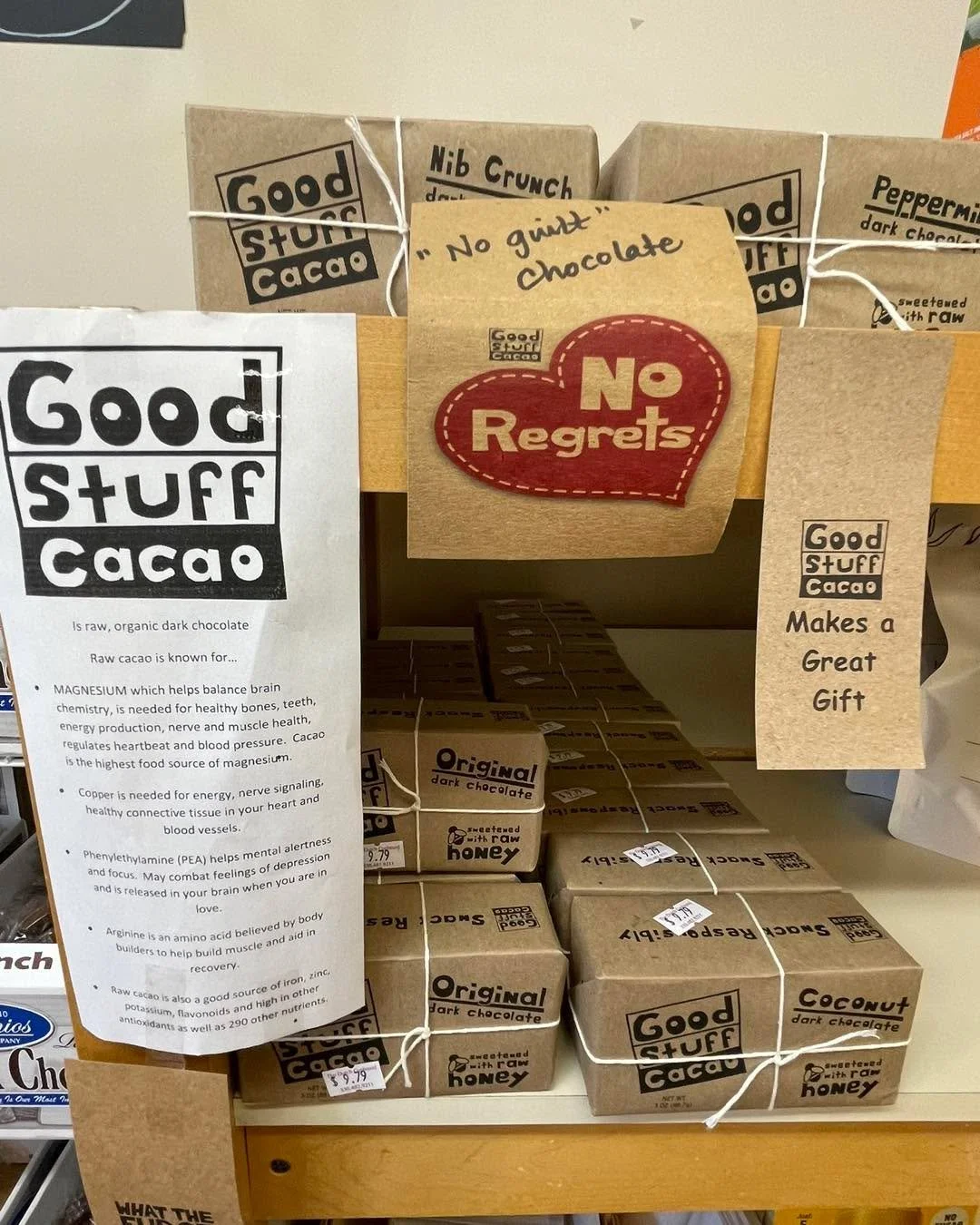 We are also proud to carry chocolate from this small business Good Stuff Cacao good_stuff_cacao. 
Just two ingredients in the original chocolate: cacao &amp; honey. 
Visit their website to learn more.  #rawcacaobenefits #GuiltFreeTreats