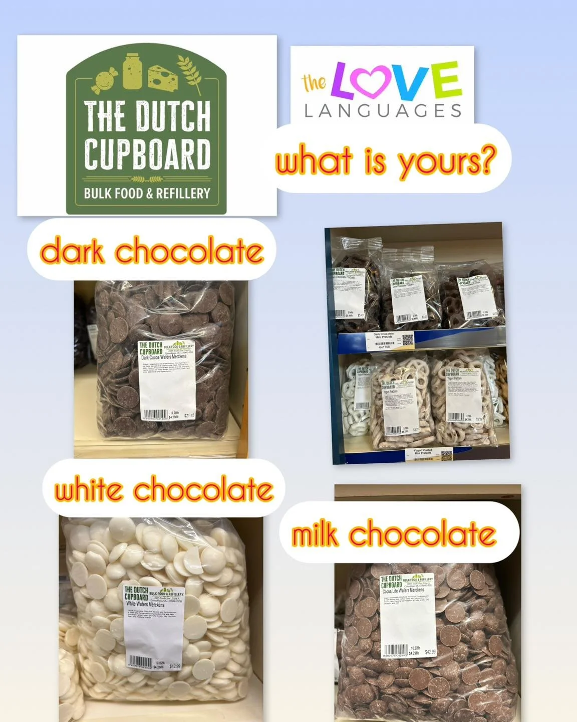 sharing love is easier with chocolates from the Dutch Cupboard!  Find your favorite melting chocolates and molds to create your own Valentine gifts!