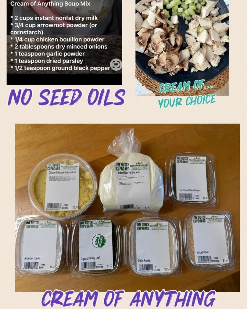 Prepare Cream of Anything soup mix with mix ingredients from the Dutch Cupboard.. add your choice of fresh vegetables and meat. 
To use: When a recipe calls for 1 can of condensed cream of soup, add 1/3 cup dry mix to a small saucepan. Whisk in 1 cup