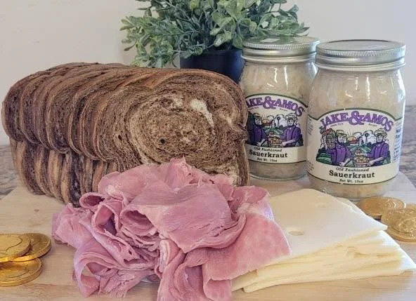 Craft a classic Reuben sandwich with  Corned Beef and Swiss cheese from the  deli in the Dutch Cupboard.  Corned beef will be available throughout the month of March.  Marbled Rye bread, Jake and Amos Saurkraut as well as dressings and mustards make 