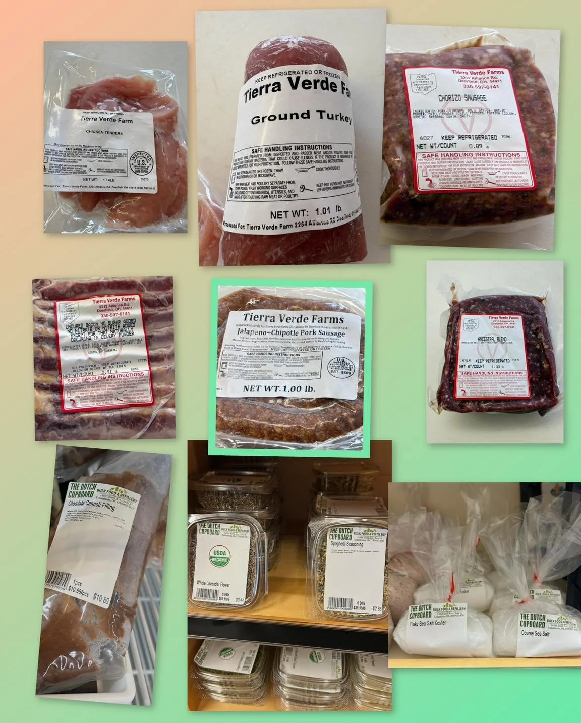 Now at the Dutch Cupboard! Tierra Verde Ground Turkey, Ancestral Blend ground beef, chicken tenders, no nitrate bacon, chorizo, new salts, seasonings, cannoli fillings and more.  Stock up this week!!!