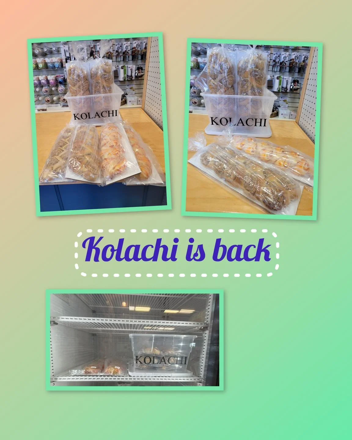 Delicious Kolachi is back at the Dutch Cupboard.  Our local vendor Blue Ribbon Kolachi is stocking the freezer with sweet Kolachi.