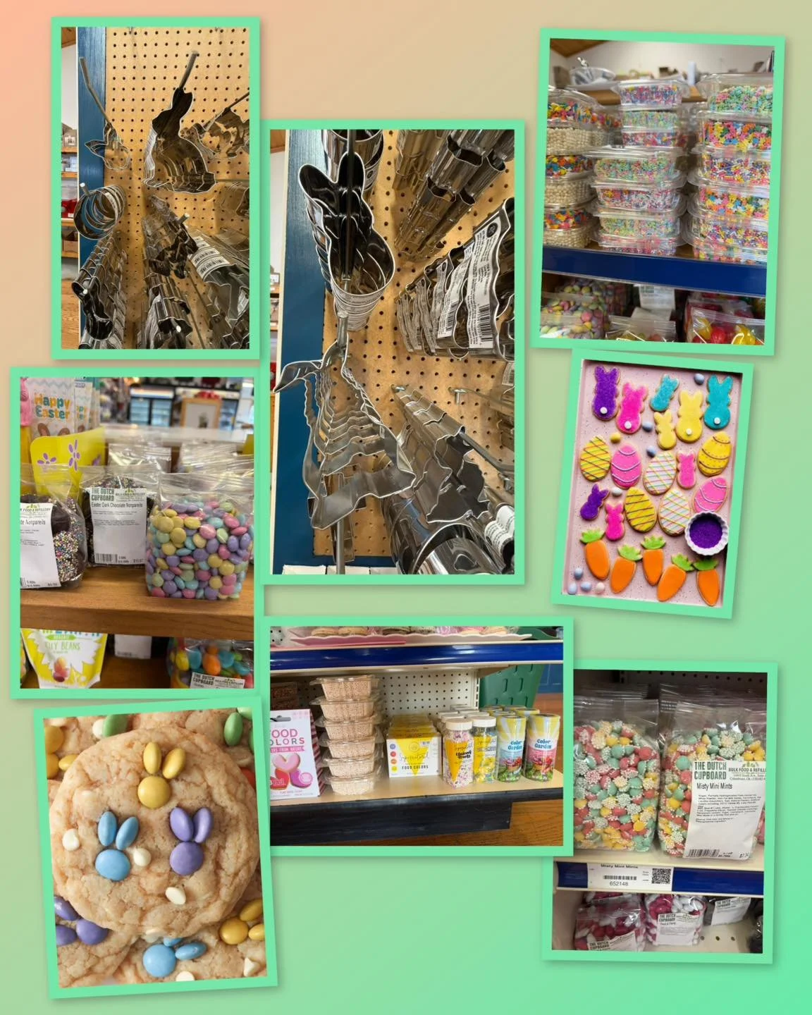 Baking cookies for Easter?  Find what you need at the Dutch Cupboard.  cookie cutters, natural food coloring, candies, sprinkles, flour, sugar and more.