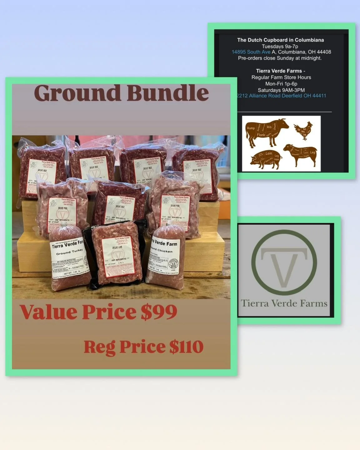 Try Tierra Verde Farms ground meat products for a great price!
5 lbs Ground beef
2 lbs Ground pork
1 lb Ground lamb
1 lb Ground chicken
1 lb Ground turkey

Order the Ground meat bundle at
tierraverdefarms.com place your order and select the Dutch Cup