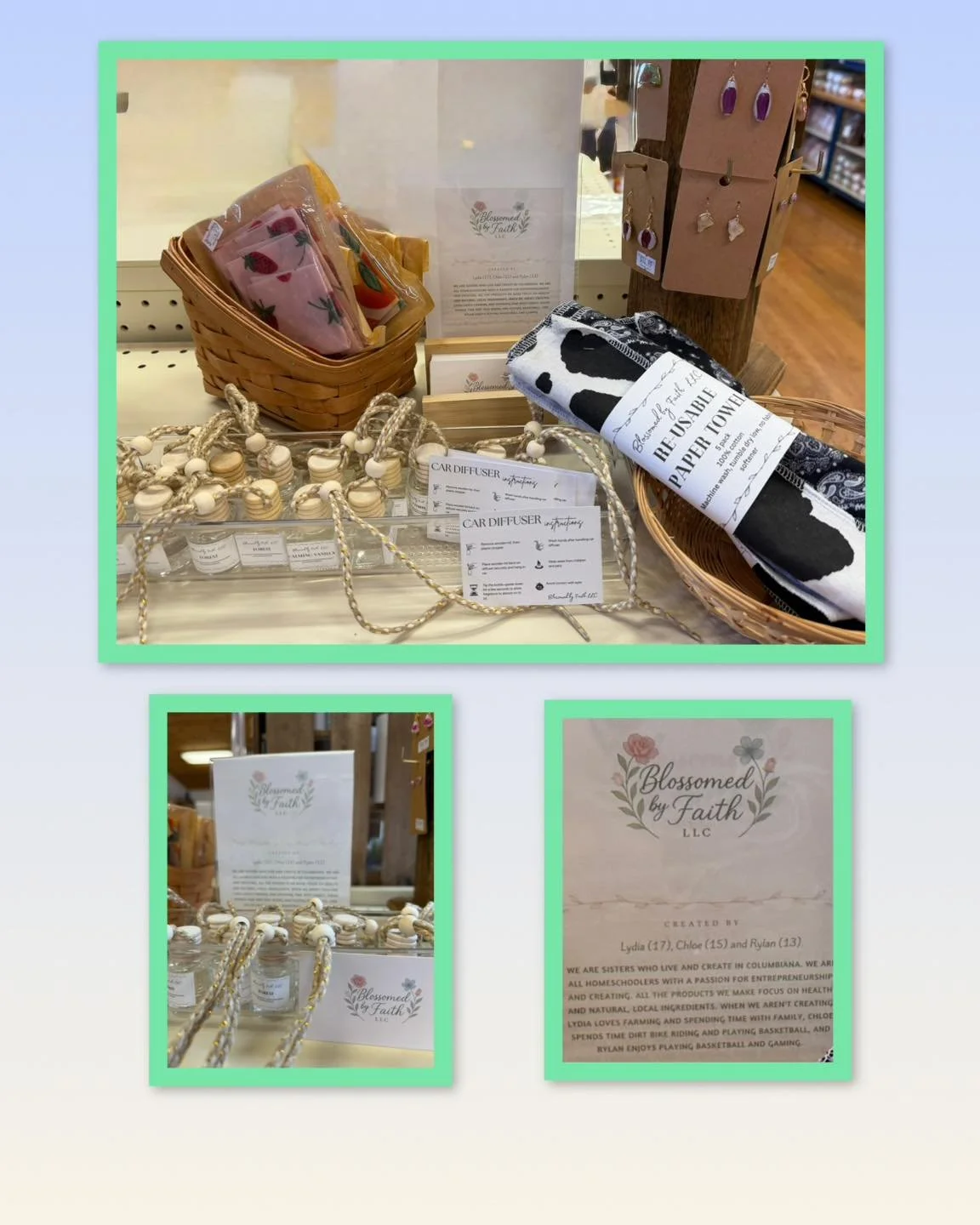 Blossomed By Faith, LLC  is our Thursday local vendor feature.  Three Columbiana sisters,  who are homeschooled and have a passion for creating products with natural and local ingredients are providing reusable &lsquo;paper&rsquo; towels, car diffuse