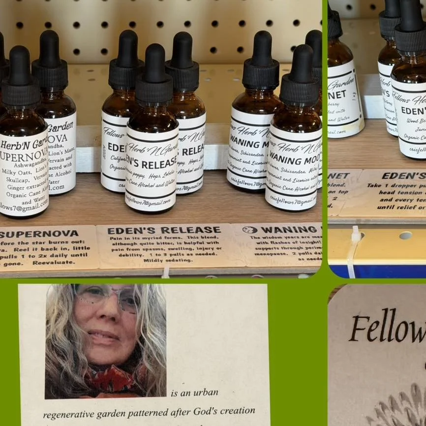 Thursday&rsquo;s featured local vendor is Fellow&rsquo;s Herbs &lsquo;N Garden.  Chris Fellows creates ingestable, medicinal herb tinctures using herbs from her regenerative garden.  Tinctures may help ease pain, migraines, stress relief and more.  S