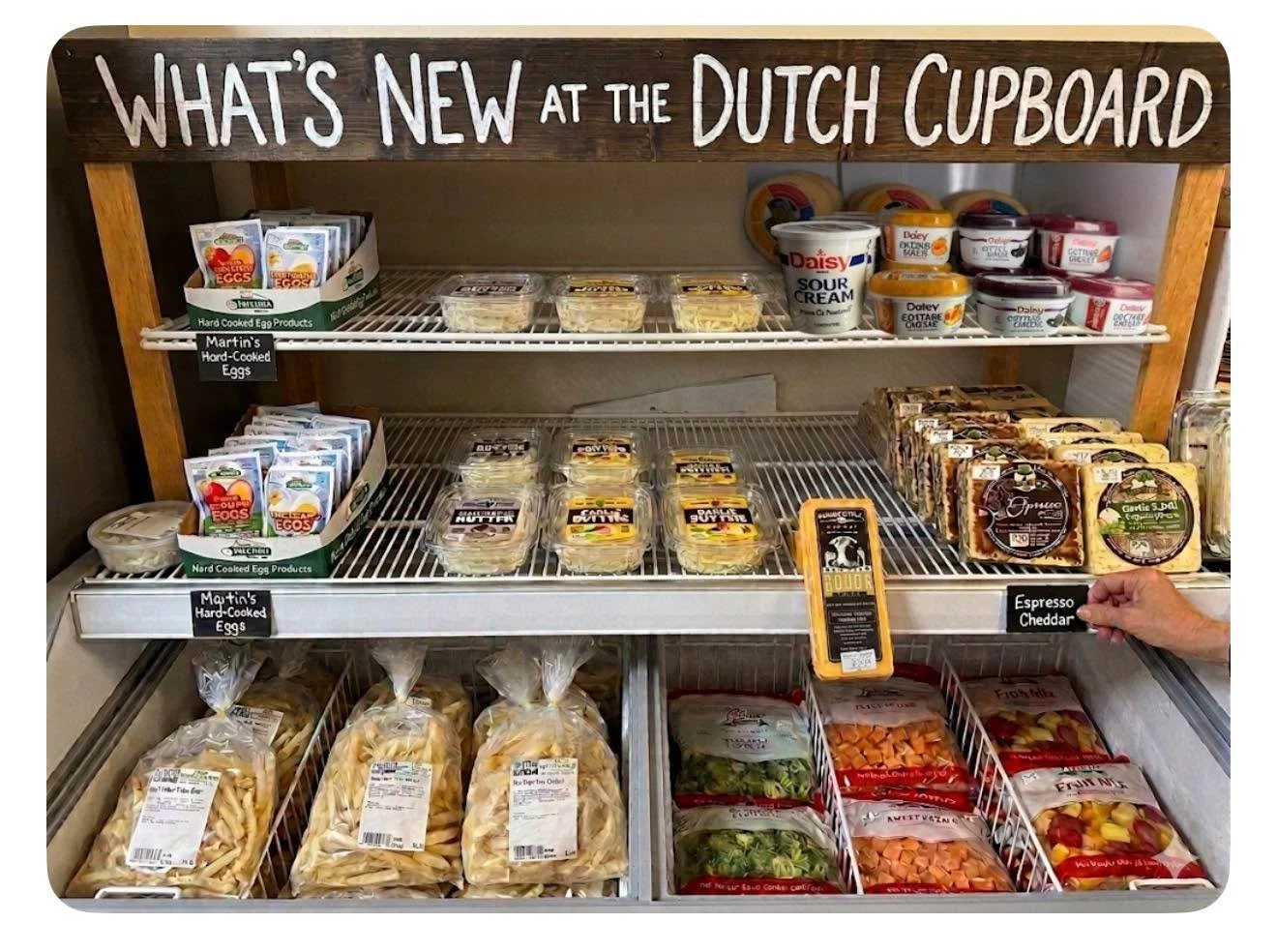 The Dutch Cupboard has delicious new foods for you to add to your shopping list!  Try the new frozen french fries made with Tallow&hellip;not seed oils! 
we now carry hard boiled eggs and Daisy cottage cheese cups to add to a healthier grab n go!  Go