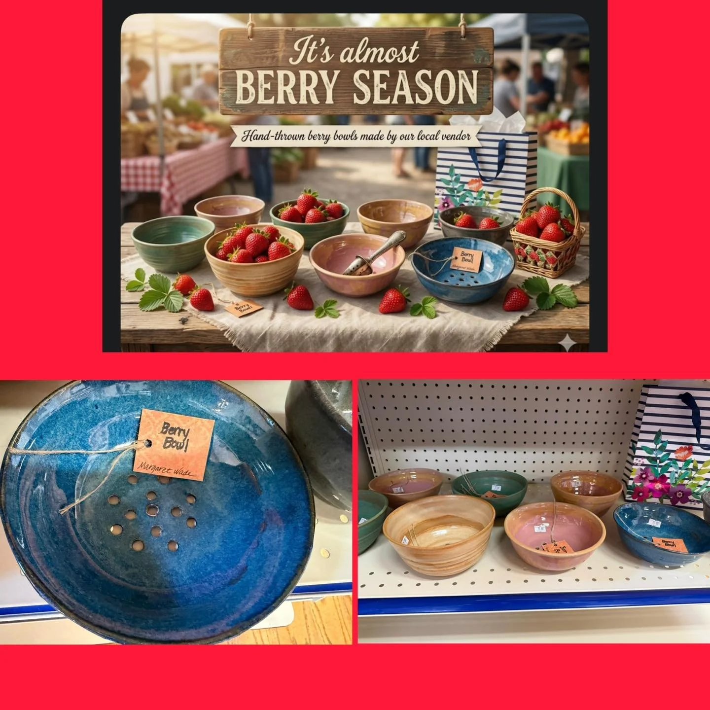 Our very own Dutch Cupboard employee Margaret Wade is our Thursday featured local vendor!  Margaret&rsquo;s beautiful hand thrown pottery berry bowls are available just in time for berry season!