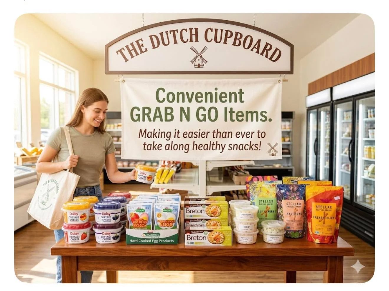 Along with our deli cheese and meat Grab &lsquo;N Go items we have hard boiled eggs, cottage cheese and fruit, gourmet pretzels and more for your convenience and quick  take alongs!!!