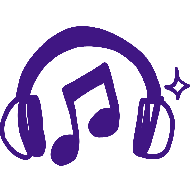 Purple illustration of headphones with a musical note inside